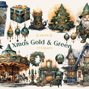 Kerst clipart smaragd goud aquarel PNG sjabloon vakantie scratchbook stickers