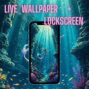 Puede incluir: Un smartphone muestra una vibrante escena submarina con una sirena, corales y peces. El fondo es un océano azul profundo con luz solar. El texto "LIVE WALLPAPER + LOCKSCREEN" se muestra en rosa.