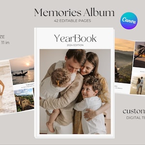 May include: A digital template for a customizable photo album with 42 editable pages. The cover features the text "YearBook 2024 Edition" and a photo of a family with two children. The album is 8.5 x 11 inches.