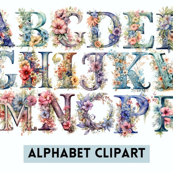 Alphabet Meadow Clipart PNG Files Wild Flowers Letters Stickers Floral Watercolor yellow orange vintage colorful lilac pink green blue