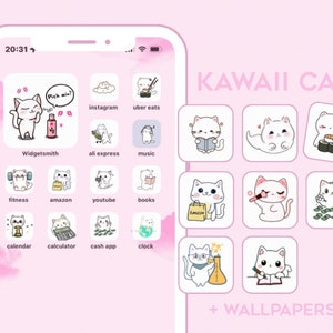 May include: A pink and white iPhone screen with a grid of app icons featuring cute cartoon cats. The icons are for apps like Instagram, Uber Eats, Amazon, YouTube, and more. The text "KAWAII CATS" is at the top of the screen, and the text "+ WALLPAPERS" is at the bottom.