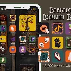 Puede incluir: Pantalla de smartphone que muestra un conjunto de iconos de aplicaciones con temática de Halloween. Los iconos presentan fantasmas, calabazas y otros elementos espeluznantes. El texto dice "BIBBIDI BOBBIDI BOO" y "10.000 iconos + widgets."
