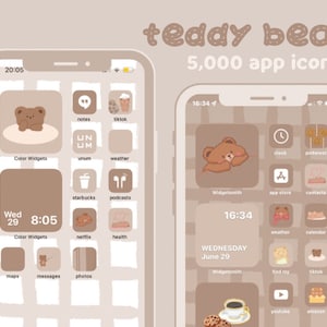 May include: Two screenshots of a phone displaying a customised home screen with a teddy bear theme. The home screen is filled with app icons featuring teddy bears in various poses. The icons are arranged in a grid pattern and are labelled with the names of popular apps, such as "Clock", "Pinterest", "Netflix", "Health", "YouTube", and "Amazon". The phone's clock displays the time as 16:34 and 20:05.