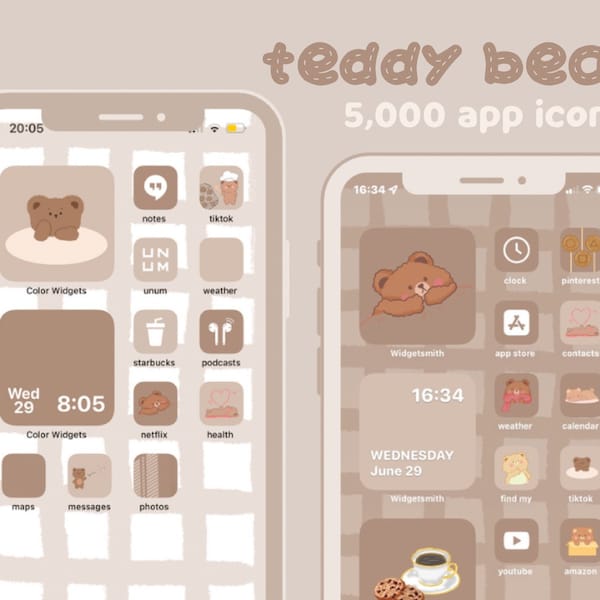 5,000 App Icons Teddy Bear, Beige, brown, pastel, aesthetic cute homescreen, kawaii widgets, phone kit, cozy layout hand drawn