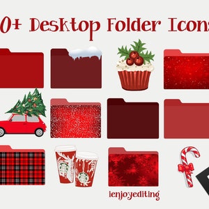 Puede incluir: Conjunto de 10 iconos de carpeta rojos con temática navideña. Los iconos presentan una variedad de diseños, que incluyen un cupcake con bayas rojas, un coche con un árbol de Navidad en la parte superior, un patrón de cuadros, una taza roja con un diseño de copo de nieve y un bastón de caramelo con un lazo rojo. Los iconos son perfectos para organizar tus archivos de computadora durante la temporada navideña.