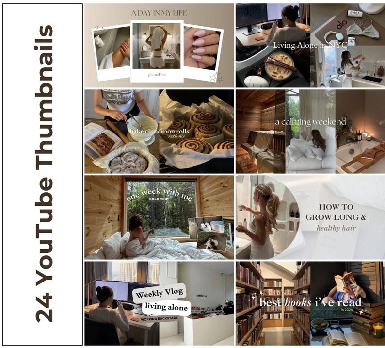 May include: A collage of nine images showcasing different aspects of a lifestyle blog. The images include a woman baking cinnamon rolls, a woman relaxing in a bathtub, a woman working on a laptop, a woman with long hair, and a woman reading a book. The text in the images includes "A Day in My Life", "Living Alone in NYC", "a calming weekend", "one week with me", "HOW TO GROW LONG & healthy hair", "Weekly Vlog living alone", and "best books I've read".