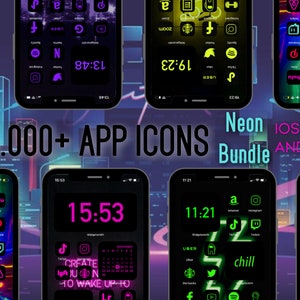 Puede incluir: Una colección de más de 75.000 iconos de aplicaciones de neón para iOS 14 y Android. Los iconos son de varios colores, incluidos rosa, verde y azul. Los iconos se muestran sobre un fondo negro con una ciudad en el fondo.