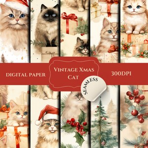 Pode incluir: Um conjunto de 8 papéis digitais com gatos de Natal vintage, presentes, azevinho e uma árvore de Natal. Os papéis são sem costura e 300 DPI.