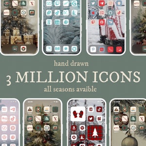 Peut inclure: Une collection de neuf écrans d'iPhone présentant différents packs d'icônes sur le thème de Noël. Chaque écran présente une image de fond unique et une variété d'icônes dessinées à la main avec un thème festif. Les icônes sont de différentes couleurs, notamment le rouge, le vert, le blanc et l'or. Le texte "hand drawn 3 MILLION ICONS all seasons available" est affiché en bas de l'image.
