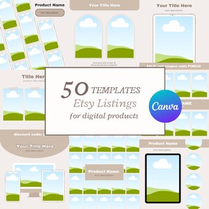 Pode incluir: 50 modelos para listagens Etsy para produtos digitais. Os modelos apresentam uma paisagem verde e azul com uma nuvem branca. Os modelos são projetados para uso com Canva. O texto "SALE! Use coupon code PINK20" está incluído na imagem.