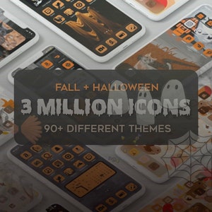 May include: A collection of iPhone home screens with various fall and Halloween themed icons. The text "FALL + HALLOWEEN 3 MILLION ICONS 90+ DIFFERENT THEMES" is displayed in a dripping font.