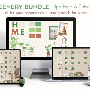 Puede incluir: Una colección de fondos de pantalla digitales para escritorio y teléfono e iconos de aplicaciones con un esquema de color verde y marrón con plantas y un tema de hogar. El texto "HOME" es visible en el fondo de pantalla del escritorio.