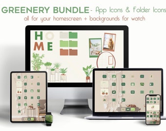 All in One App Icons, Folder Icons, Backgrounds for watch | Green Theme, Beige, neutral colors, plant aesthetic  | iPhone, iPad and Android