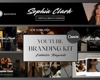 17 Youtube Branding Kit, Thumbnails, Banners, Customizable Minimalist Design, Collages, Youtube video cover, DIY Intros, Outros