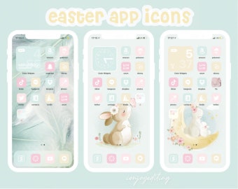 App Icons Easter iOS 14, 15 | spring, pastel pink, light blue, yellow, soft tones icons, aesthetic home screen, iphone and android