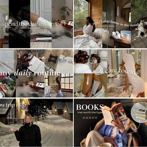 May include: A collage of images showcasing a cozy cabin in the woods, a daily routine, a self-care routine, a snow trip, and books. The images are arranged in a grid pattern and feature a variety of colors and textures.