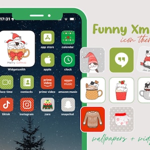 May include: A green iPhone screen with a Christmas-themed icon pack. The icons feature cats, Christmas trees, and other holiday imagery. The text "Funny Xmas icon theme" is displayed at the top of the screen. The text "wallpapers + widgets" is displayed at the bottom of the screen.