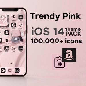 May include: A pink and black iPhone mockup with a pink background. The phone screen displays a grid of app icons in a trendy pink theme. The text "Trendy Pink iOS 14 theme PACK 100.000+ icons" is displayed above the phone. The Amazon logo is displayed in the bottom right corner of the image.