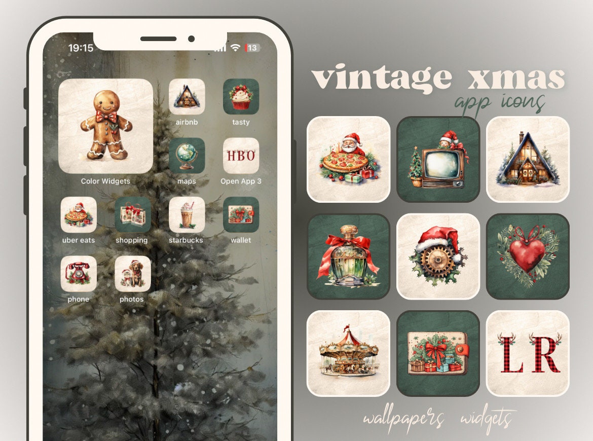 Icônes de l'application de Noël vintage sur l'écran d'accueil de l'iPhone iOS Rouge Vert Noël, Noël