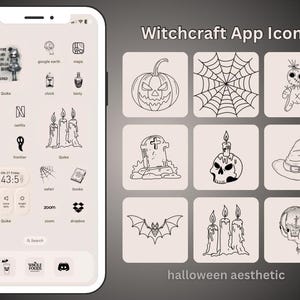 May include: A set of 10 black and white Halloween-themed app icons. The icons include a pumpkin, spider web, voodoo doll, tombstone, skull, witch's hat, candles, bat, and a crystal ball.