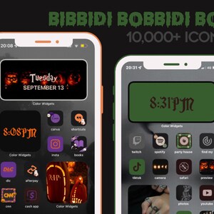 Puede incluir: Dos capturas de pantalla de un teléfono inteligente que muestra una pantalla de inicio con temática de Halloween con un fondo oscuro e iconos naranja y negro. La captura de pantalla superior muestra la fecha "Martes 13 de septiembre" y la hora "8:08 PM". La captura de pantalla inferior muestra la hora "8:31 PM" e iconos para aplicaciones como "Twitch", "Spotify", "TikTok", "Cámara", "Safari", "Vista previa", "Fotos" y "YouTube".