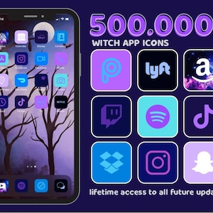 May include: A screenshot of a phone displaying a variety of app icons in a dark purple, blue, and pink color scheme. The phone is on a dark purple background with the text "500,000+ WITCH APP ICONS" above the phone. The text "lifetime access to all future updates!" is below the phone.