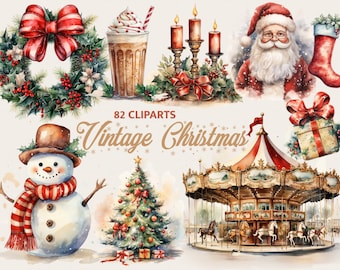 May include: A set of 82 vintage Christmas clip art illustrations featuring a snowman, a carousel, a Christmas tree, Santa Claus, a wreath, a gift, and a cup of coffee. The illustrations are painted in a watercolor style.