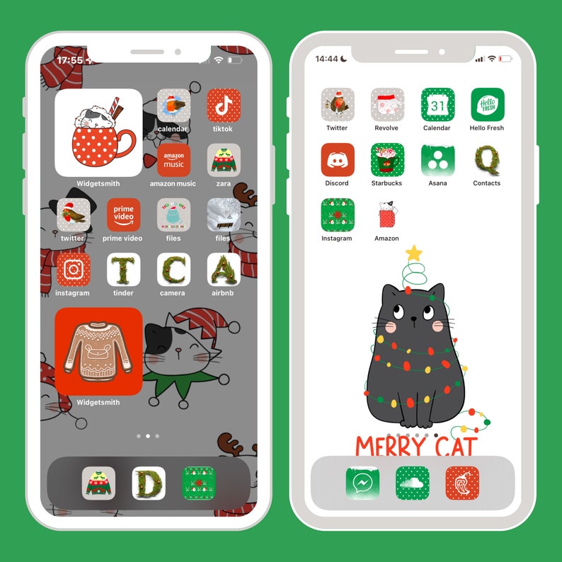 App Icons Funny Xmas, Green, Red, Cute Cats Illustrations, Christmas ...