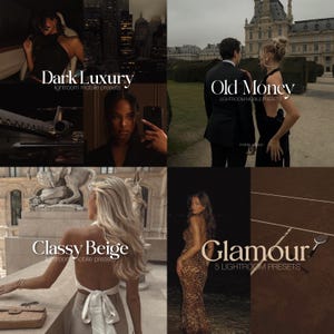 Puede incluir: Un collage con cuatro imágenes de estilo de vida con superposiciones de texto. El texto incluye "Dark Luxury", "Old Money", "Classy Beige" y "Glamour", cada uno seguido de descripciones como "lightroom mobile presets". Las imágenes muestran diversas estéticas.