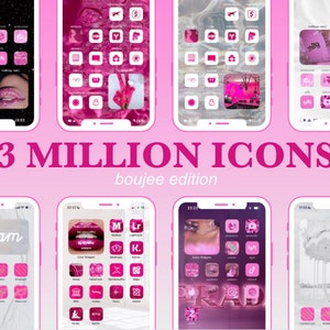 May include: Six different phone screens showcasing pink and white themed icon packs. The text "3 MILLION ICONS" and "boujee edition" is displayed in pink.