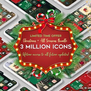 May include: A red and green Christmas themed icon pack for mobile phones. The image shows a limited time offer for a bundle of 3 million icons with lifetime access to future updates.