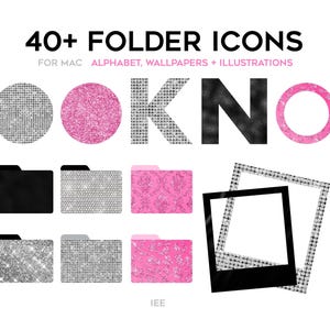 May include: 40+ Folder Icons for Mac.  A set of folder icons with a sparkly, glittery design in silver and pink.  The icons are in the shape of folders and include a photo frame.