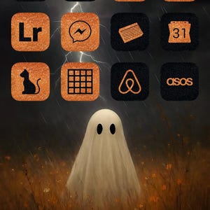 Íconos de la aplicación Calabaza de Halloween / Negro, naranja, temporada espeluznante, otoño, pantalla de inicio estética iPhone, Android Cara de Jack o Lantern