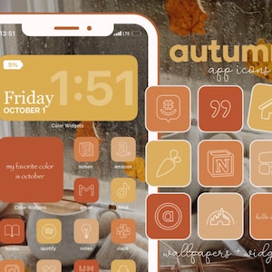 以下が含まれることがあります： 秋のテーマのアプリアイコンセットがカスタマイズされた携帯電話の画面。アイコンはグリッドパターンで配置されており、オレンジ、ブラウン、イエローなど、さまざまな色を使用しています。アイコンは白で縁取られており、シンプルでミニマルなデザインです。画面の上部に「秋のアプリアイコン」というテキストが表示されています。