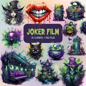 May include: A set of 25 Halloween-themed digital clipart images. The images feature a variety of spooky and whimsical elements, including a witch, a black cat, a haunted house, a cauldron, a spider web, and a pumpkin. The images are in a cartoon style and are perfect for adding a touch of Halloween fun to your projects.