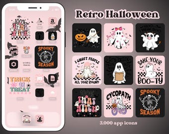 Könnte beinhalten: Ein Satz von 12 Halloween-Telefon-Icons mit Geistern, Skeletten und Kürbissen. Die Icons sind im Retro-Stil mit einem pink-schwarzen Farbschema gestaltet. Der Text auf den Icons enthält Sätze wie "Spooky Season", "100% That Witch" und "I Ghost People All Year Round".