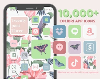 App Icons Colibri Life | Summer, botanical, floral, spring, pink, mint, blue, flowers icons | Aesthetic Home Screen iPhone iOS 14, 15