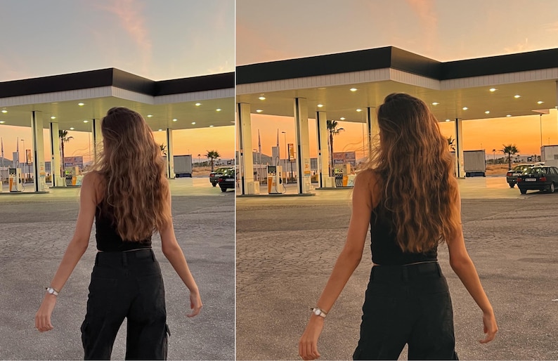 May include: A person with long brown hair wearing a black tank top and black pants stands in front of a gas station with a sunset in the background.