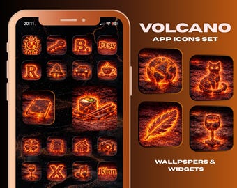 App Icons Volcano, schwarz, braun, rot, Feuerästhetik, Lava, Neon, Home Screen, Iphone + Android Theme, Wallpaper 3D-Hintergründe