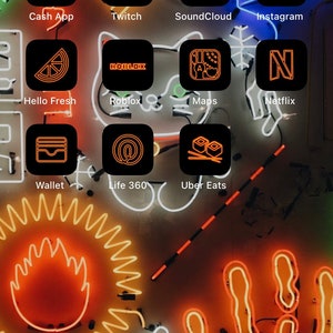 Neon Orange App Icons Black Minimal Glow Trendy Theme - Etsy