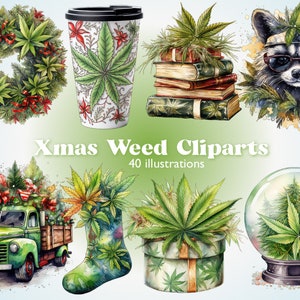 May include: A set of 40 watercolor illustrations featuring Christmas-themed designs with a cannabis leaf motif. The illustrations include a wreath, a coffee cup, a stack of books, a raccoon wearing sunglasses, a truck, a stocking, a gift box, and a snow globe.