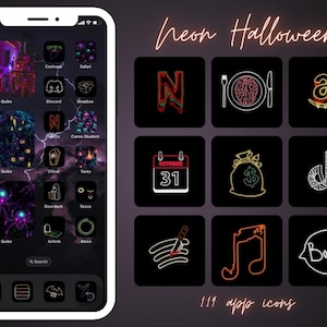 May include: A screenshot of an iPhone displaying a customized home screen with neon-colored Halloween-themed app icons. The icons are arranged in a grid pattern and include images of a ghost, a spider, a bat, a pumpkin, a skull, a knife, a musical note, and a speech bubble with the word "Boo!" inside. The text "Neon Halloween" and "111 app icons" are displayed at the top and bottom of the screen, respectively.