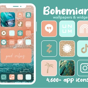 Bohemian App Icons Coral, Peachy, Teal, Sky Blue, Summer, Retro, Beach Colors Aesthetic Boho Home Screen iPhone Widgets imagem 1