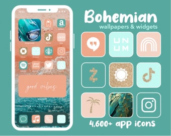 Boho-app-pictogrammen | Koraal, perzikachtig, groenblauw, hemelsblauw, zomer, retro, strandkleuren | Esthetisch boho-startscherm iPhone | Widgets