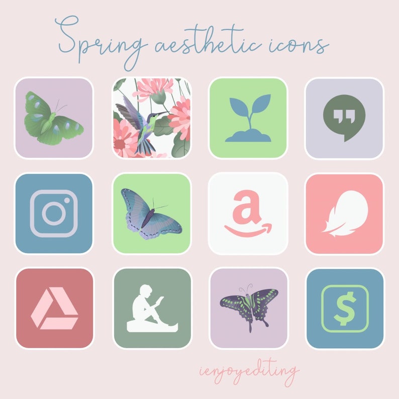 App Icons Colibri Life Summer, botanical, floral, spring, pink, mint, blue, flowers icons Aesthetic Home Screen iPhone iOS 14, 15 image 3