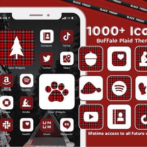 May include: A screenshot of a phone displaying a collection of 1000+ icons in a buffalo plaid theme. The icons are for popular apps such as TikTok, Twitter, Spotify, Amazon, and more. The text "1000+ Icons Buffalo Plaid Theme" is displayed at the top of the screen. The text "lifetime access to all future updates!" is displayed at the bottom of the screen.