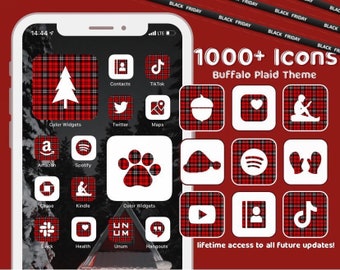 Icônes d&#39;application de Noël, thème de Noël à carreaux rouges Buffalo, widgets esthétiques pour écran d&#39;accueil pour iPhone, pack Android