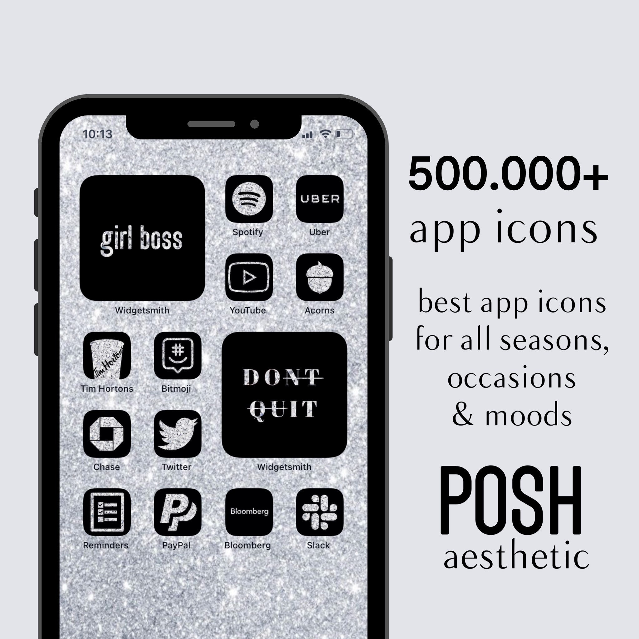 App-pictogrammen iOS 14 chic | Zilver, glitter, glitter, zwart, humeurige iconen | Esthetisch startscherm iPhone Fancy