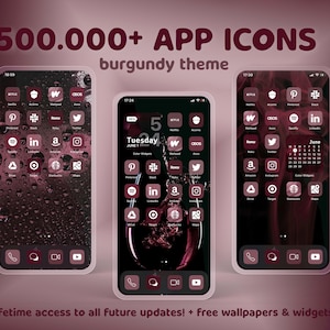 Op de afbeelding: Drie iPhone-schermen met een bordeauxrode thema. De schermen tonen een verscheidenheid aan app-pictogrammen, waaronder sociale media, productiviteit en hulpprogramma's. De tekst "500.000+ APP-ICONEN" en "bordeauxrode thema" wordt bovenaan de afbeelding weergegeven. De tekst "levenslange toegang tot alle toekomstige updates! + gratis achtergronden & widgets" wordt onderaan de afbeelding weergegeven.