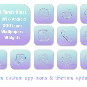 Peut inclure: Ensemble d'icônes d'applications en verre transparent sur un fond dégradé bleu et violet. Les icônes représentent un engrenage, un visage souriant, des bulles de dialogue, un logo Instagram, un téléphone, une bulle de chat, un combiné téléphonique, la lettre "P", une fleur et une boussole. Le texte indique "Cold Tones Glass" et "free custom app icons & lifetime updates."